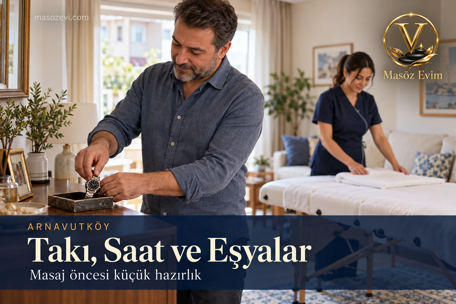Arnavutköy’de Masaj Öncesi Takı ve Saat: Eşyalarınızın Düzeni 1 Arnavutköy’de masaj öncesi takı ve saat hazırlığında saatini kişisel tepsiye koyan yetişkin ve masayı hazırlayan kadın masöz, Masöz Evim logosu