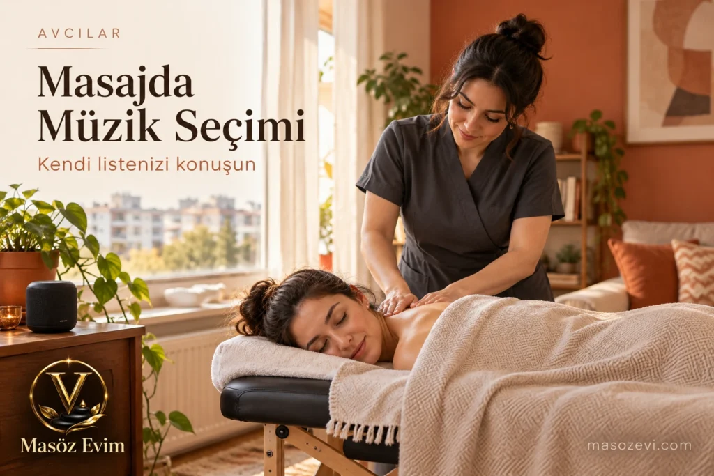 Avcılar’da masajda müzik seçimi için küçük hoparlör bulunan ev ortamında örtülü yetişkine omuz uygulaması yapan kadın masöz, Masöz Evim logosu