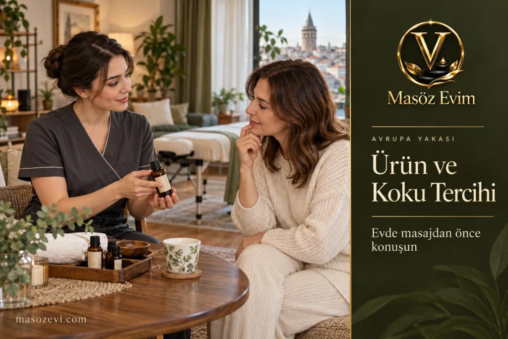 Avrupa Yakası’nda masajda ürün tercihi için evde görüşen kadın masöz ve yetişkin ziyaretçi, Masöz Evim logosu ve konu başlığı