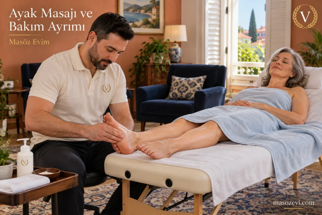 Ayak masajı ve pedikür ayrımı yazısı için örtülü yetişkin kadının ayağına kremle uygulama yapan erkek masör