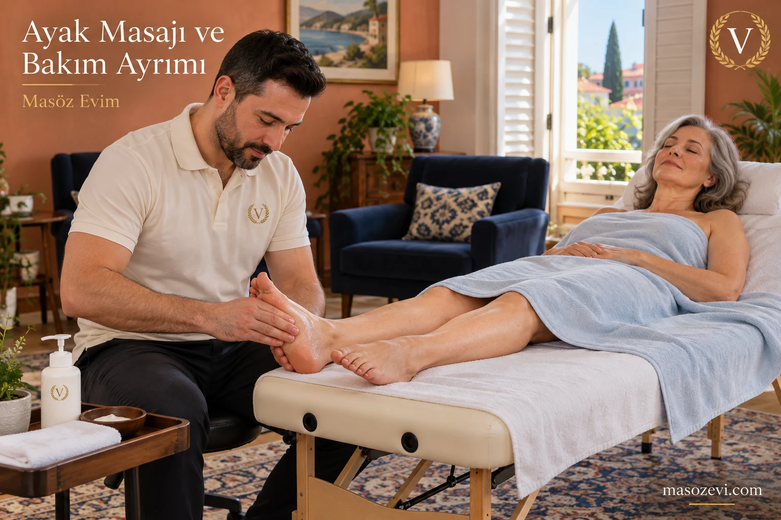 Ayak masajı ve pedikür ayrımı yazısı için örtülü yetişkin kadının ayağına kremle uygulama yapan erkek masör