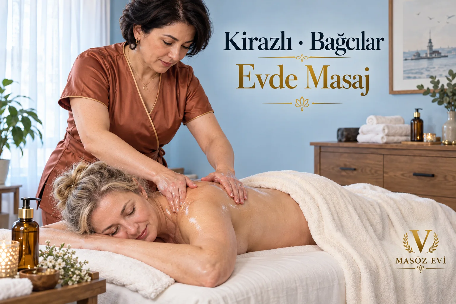 Kirazlı Evde Masaj, Randevunuzu Kendi Gününüze Yerleştirin 1 Kirazlı evde masaj için Bağcılar’da kadın masözün yetişkin kadının açık üst sırtına yağla profesyonel masaj uygulaması