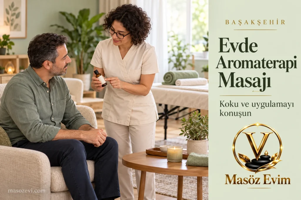 Başakşehir’de evde aromaterapi masajı öncesi giyinik yetişkine ürün bilgisini anlatan kadın masöz, Masöz Evim logosu ve konu başlığı