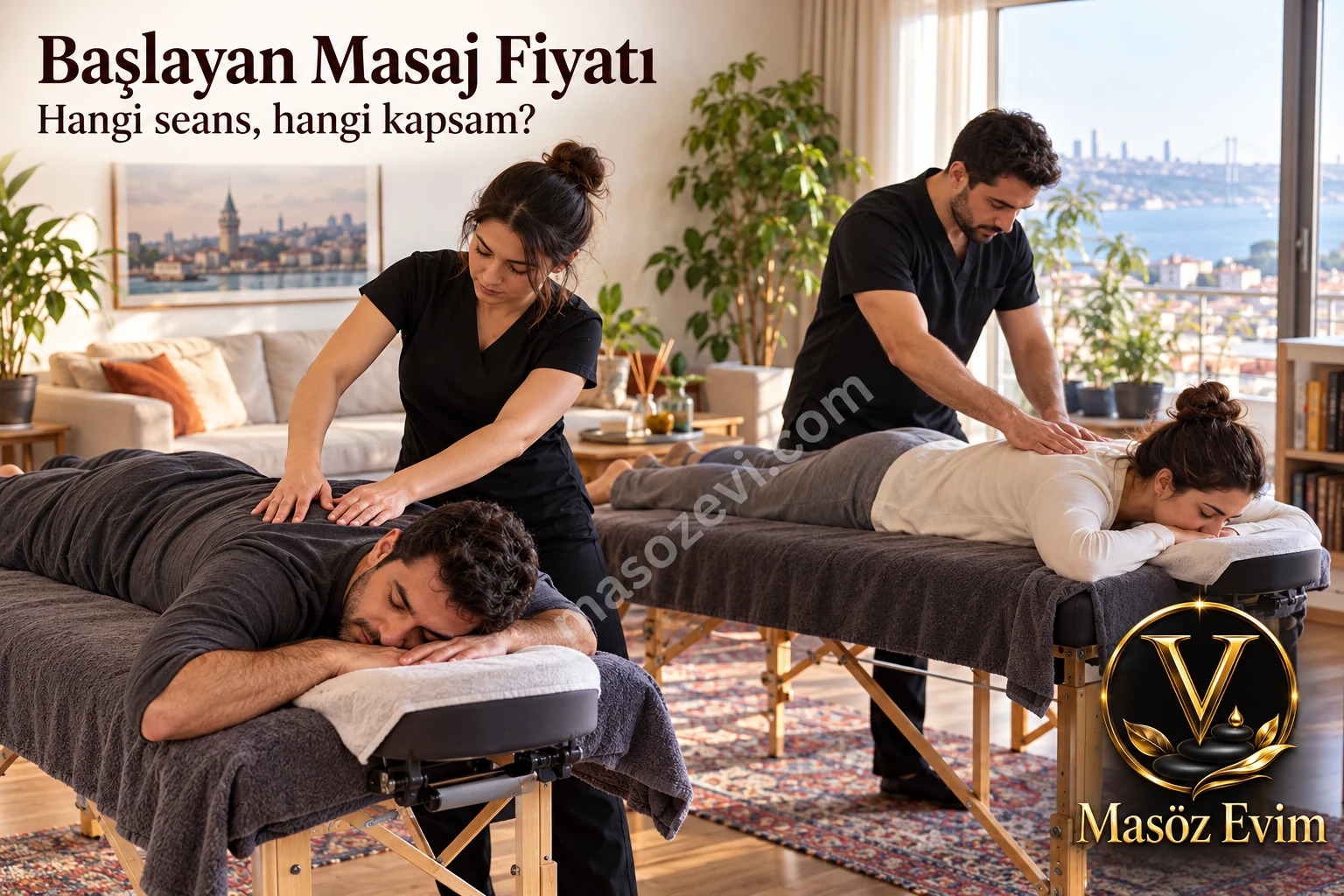 Başlayan masaj fiyatı yazısı için evde iki yetişkine ayrı masalarda uygulama yapan kadın ve erkek masaj uygulayıcıları; konu başlığı ve Masöz Evim logosu
