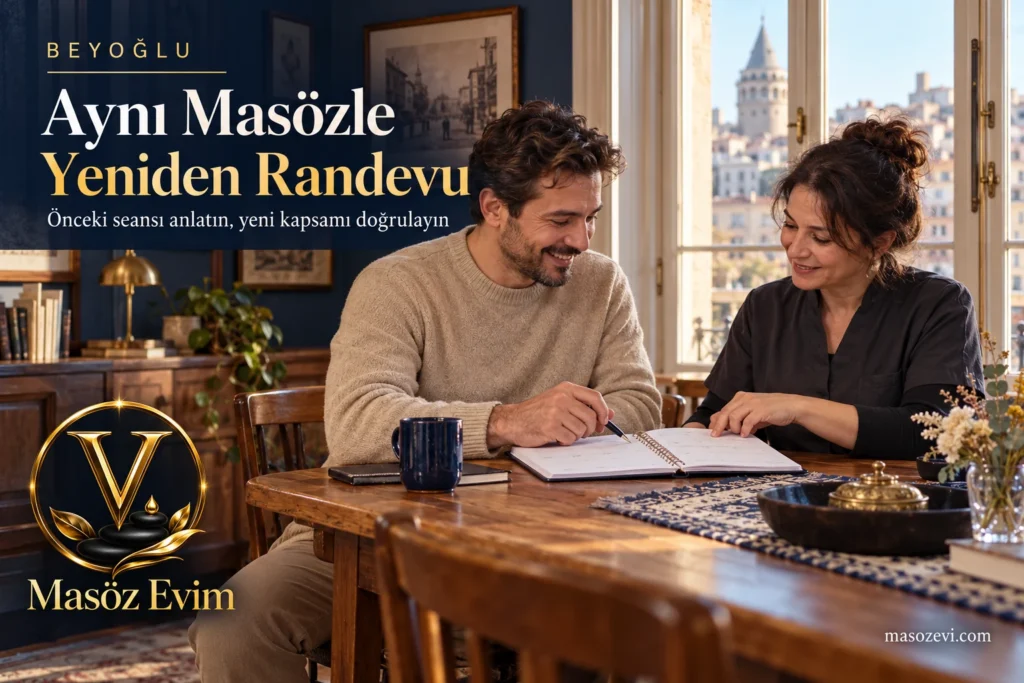 Beyoğlu’nda aynı masözle yeniden randevu için evde takvim ve not defterine bakan giyinik yetişkin erkek ve kadın masöz, Masöz Evim logosu ve konu başlığı