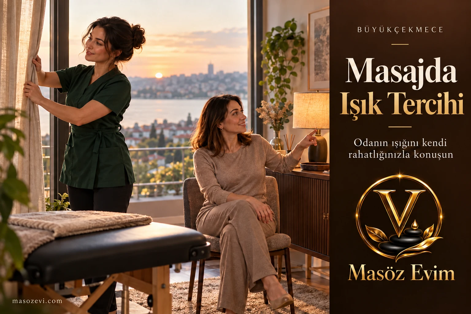Büyükçekmece’de Masajda Işık Tercihi: Perde ve Lamba Düzeni 1 Büyükçekmece’de masajda ışık tercihi için perdeyi ayarlayan kadın masöz ve giyinik yetişkin kadın, evdeki lamba düzeni ve Masöz Evim logosu