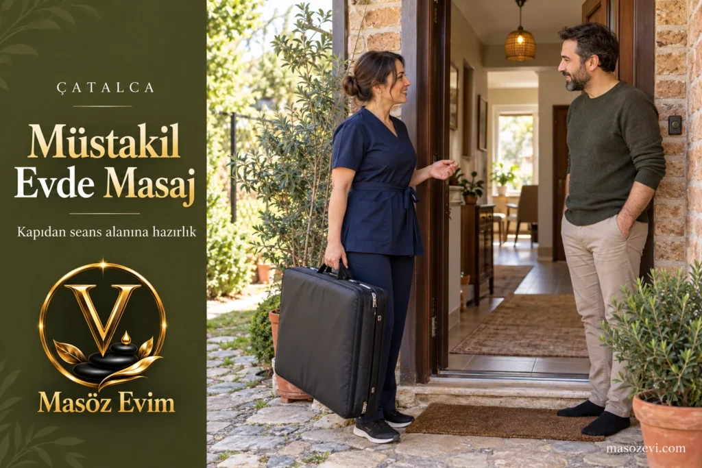 Çatalca’da müstakil evde masaj için katlanmış ekipman çantasıyla kapıya gelen kadın masöz ve içeri geçişi gösteren giyinik yetişkin erkek, Masöz Evim logosu