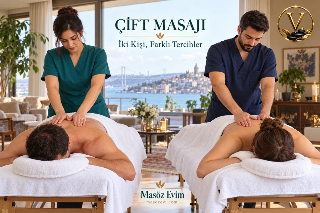 Çift masajında farklı tercihler için iki masada kadının erkeğe ve erkeğin kadına sırt masajı uygulaması, Masöz Evim logosu