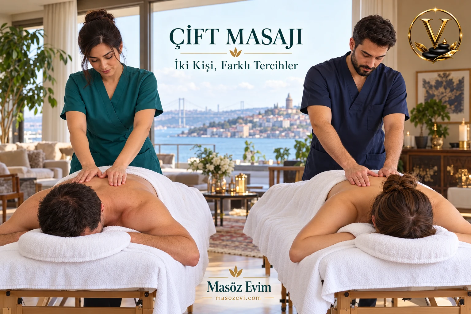 Çift Masajında Farklı Tercihler: İki Kişinin Seansını Ayrı Konuşun 1 Çift masajında farklı tercihler için iki masada kadının erkeğe ve erkeğin kadına sırt masajı uygulaması, Masöz Evim logosu