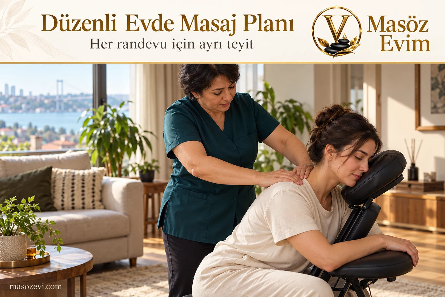 Düzenli evde masaj planı yazısı için oturan yetişkin kadının omuzlarına uygulama yapan kadın masöz; konu başlığı ve Masöz Evim logosu