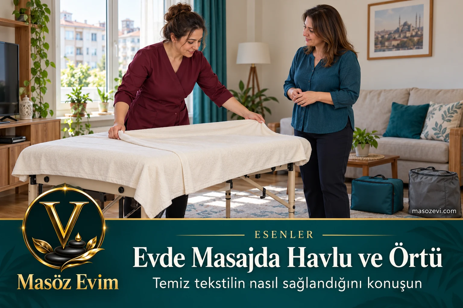 Esenler’de evde masajda havlu ve örtü hazırlığında temiz çarşafı masaya yerleştiren kadın masöz ve giyinik yetişkin kadın, Masöz Evim logosu