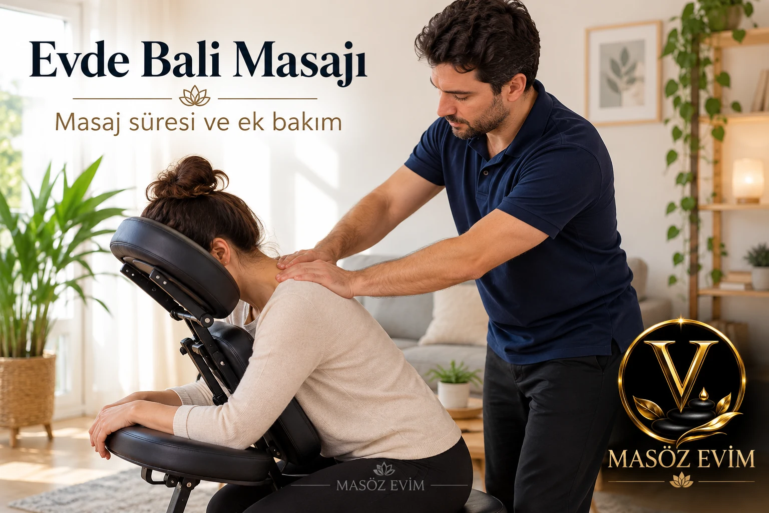 Evde Bali Masajı: Masaj Süresi ile Ek Bakımı Ayırın 1 Evde Bali masajı ve ek bakım süresi yazısı için masaj sandalyesindeki giyinik yetişkin kadının omuzlarına uygulama yapan erkek masör, Masöz Evim logosu