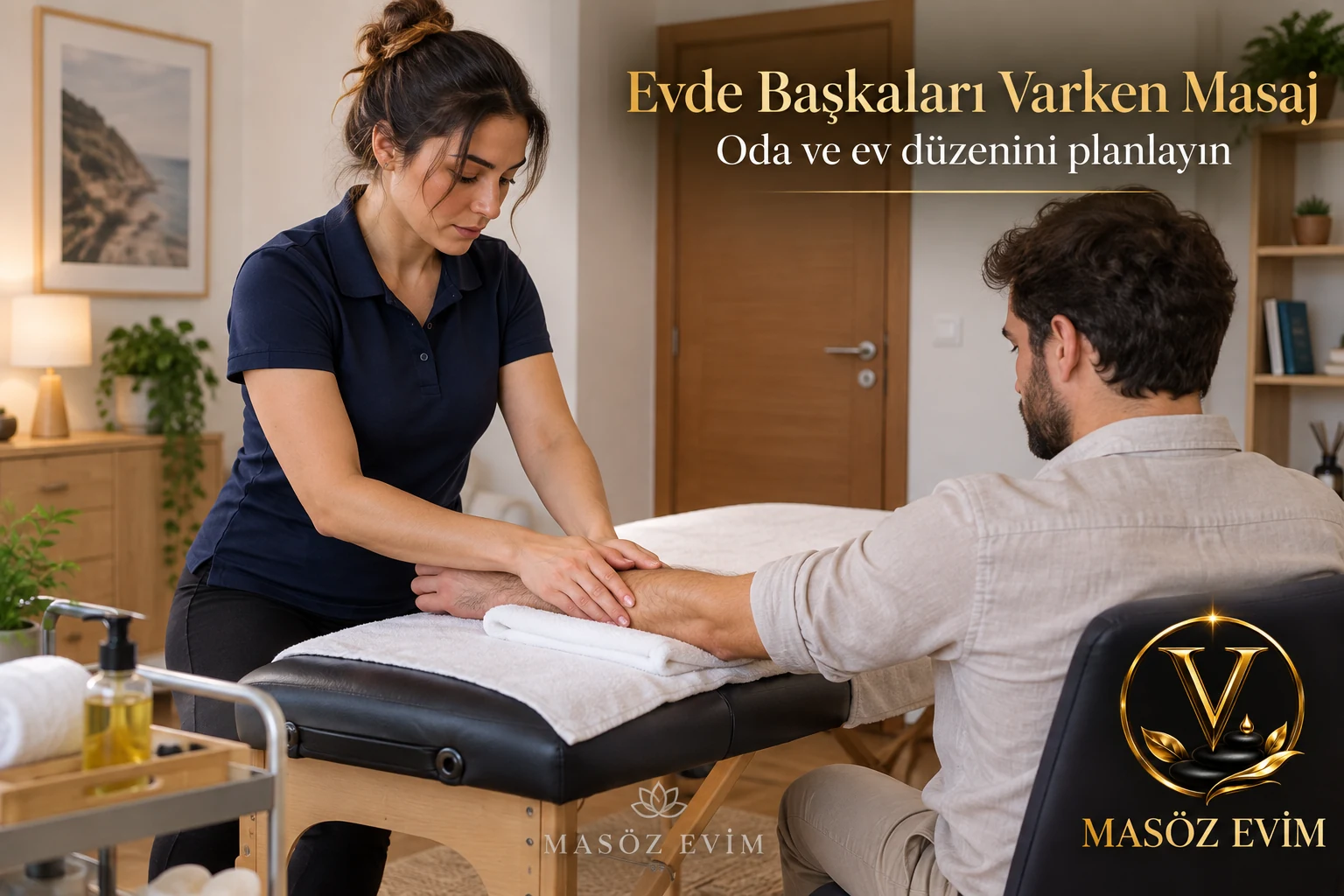 Evde Başkaları Varken Masaj: Oda ve Ev Halkının Programını Konuşun 1 Evde başkaları varken masaj oda düzeni yazısı için kapısı kapalı odada giyinik yetişkin erkeğin el ve önkoluna uygulama yapan kadın masöz, Masöz Evim logosu