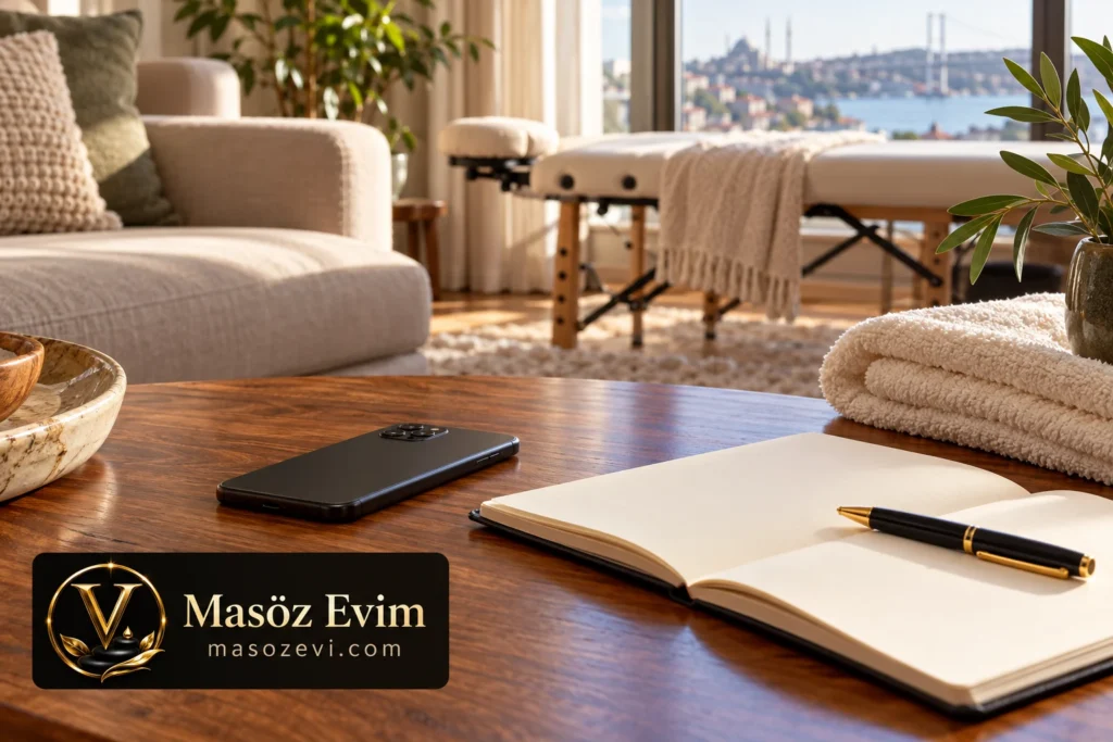 Evde masaj için ilk mesaj hazırlığında telefon ve not defteri, Masöz Evim logosu