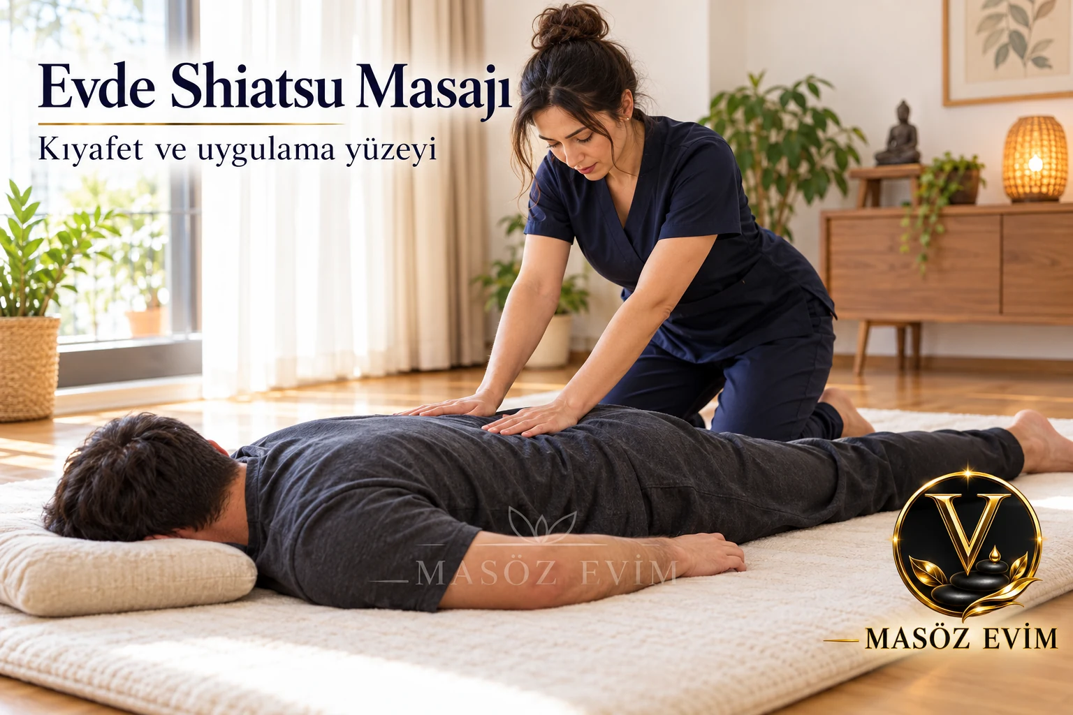Evde Shiatsu Masajı: Kıyafet ve Uygulama Yüzeyini Önceden Konuşun 1 Evde Shiatsu masajı için mat üzerinde giyinik yetişkin erkeğin üst sırtına avuçla basınç uygulayan kadın masöz, Masöz Evim logosu