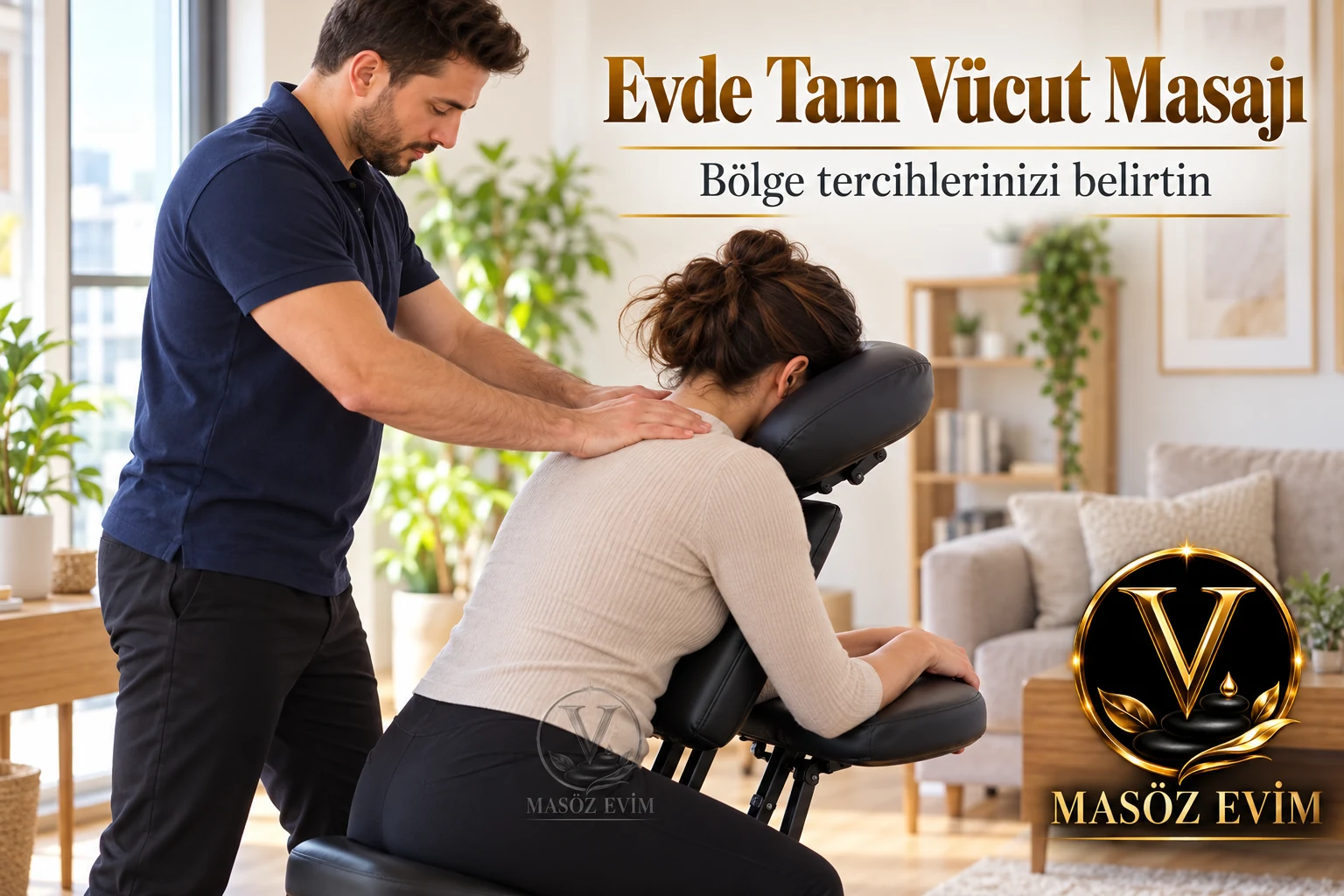 Evde Tam Vücut Masajı: Dahil Bölgeleri ve Kendi Tercihinizi Konuşun 1 Evde tam vücut masajı bölge tercihleri yazısı için masaj sandalyesindeki giyinik yetişkin kadına omuz uygulaması yapan erkek masör, Masöz Evim logosu
