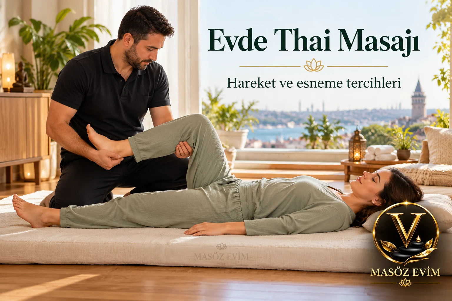 Evde Thai Masajı: Hareket ve Esneme Tercihlerinizi Önceden Anlatın 1 Evde Thai masajı hareket tercihleri yazısı için mat üzerindeki giyinik yetişkin kadının alt bacağını nazikçe destekleyen erkek masör, Masöz Evim logosu