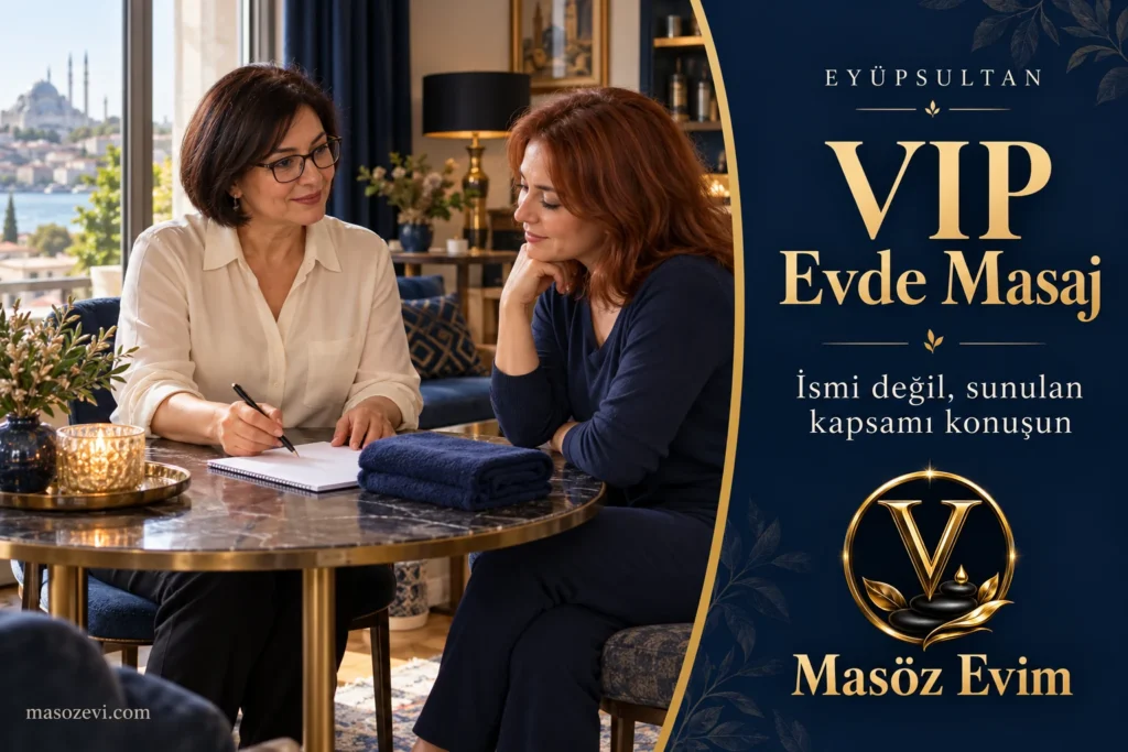 Eyüpsultan’da VIP evde masaj kapsamını konuşmak için randevu notuna bakan giyinik yetişkin kadın ve gözlüklü kadın masöz, Masöz Evim logosu ve konu başlığı