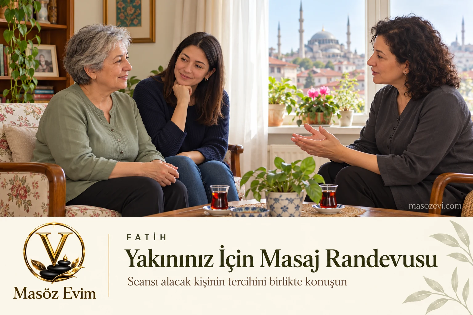 Fatih’te yakınınız için masaj randevusu konuşulurken yetişkin kadın danışanı doğrudan dinleyen kadın masöz ve yanında oturan yetişkin yakını, Masöz Evim logosu