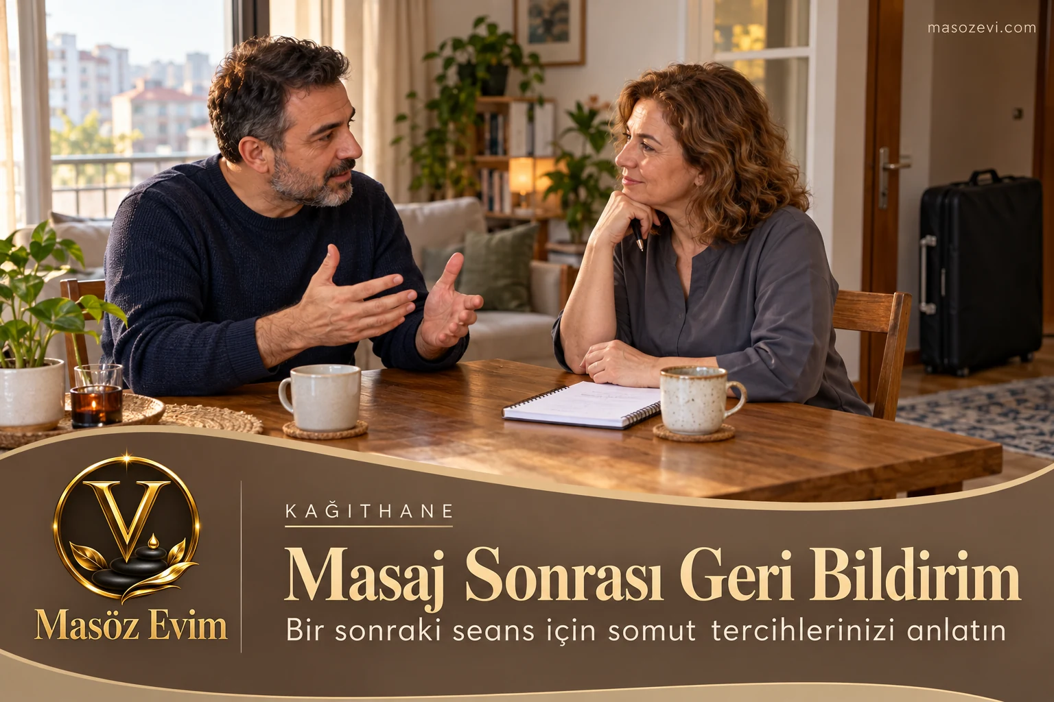 Kağıthane’de Masaj Sonrası Geri Bildirim: Tercihlerinizi Açık Anlatın 1 Kağıthane’de masaj sonrası geri bildirim için seans tercihlerini anlatan giyinik yetişkin erkek ve onu dinleyen kadın masöz, Masöz Evim logosu ve konu başlığı