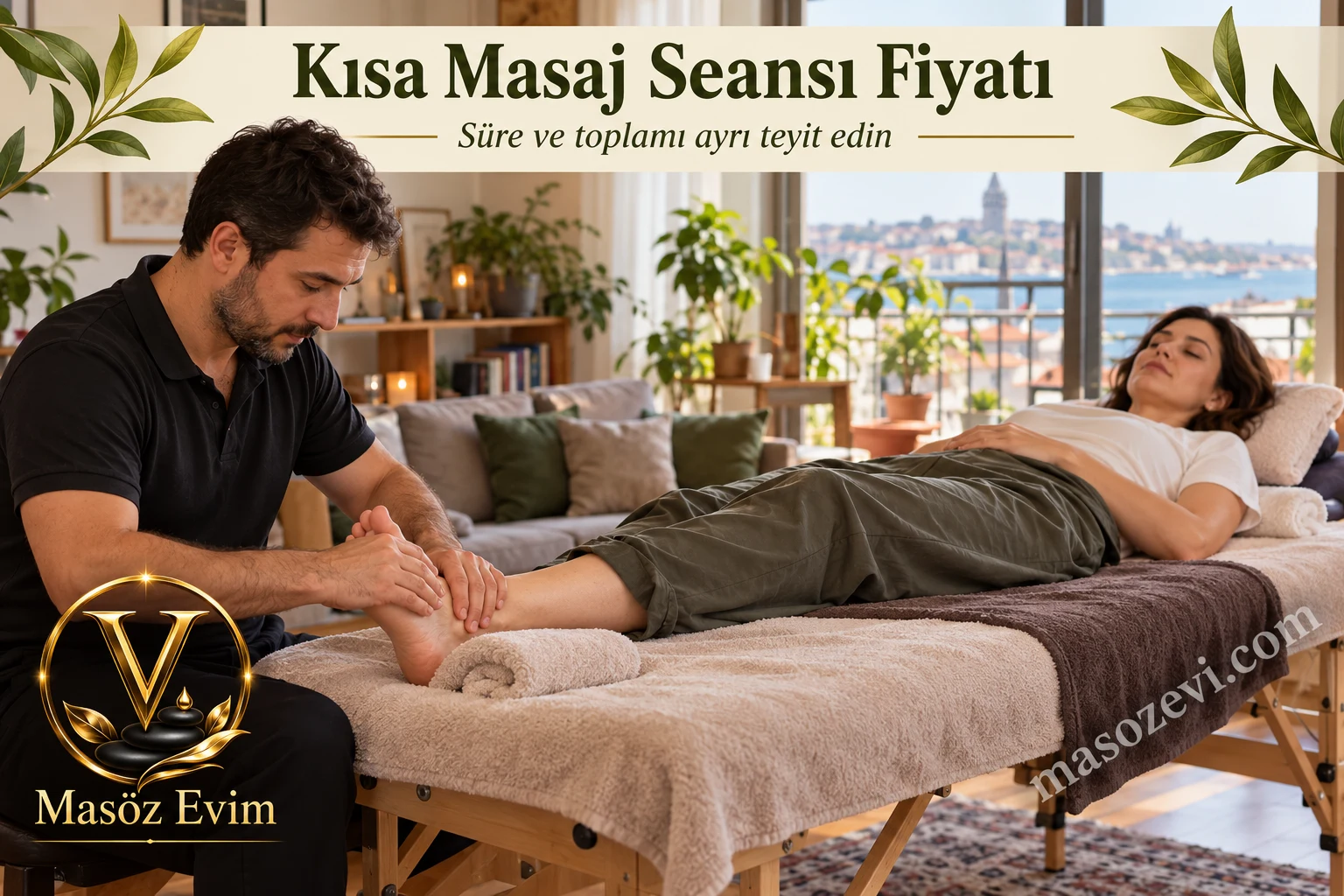 Kısa masaj seansı fiyatı yazısı için yetişkin kadının ayağına uygulama yapan erkek masaj uygulayıcısı; konu başlığı ve Masöz Evim logosu