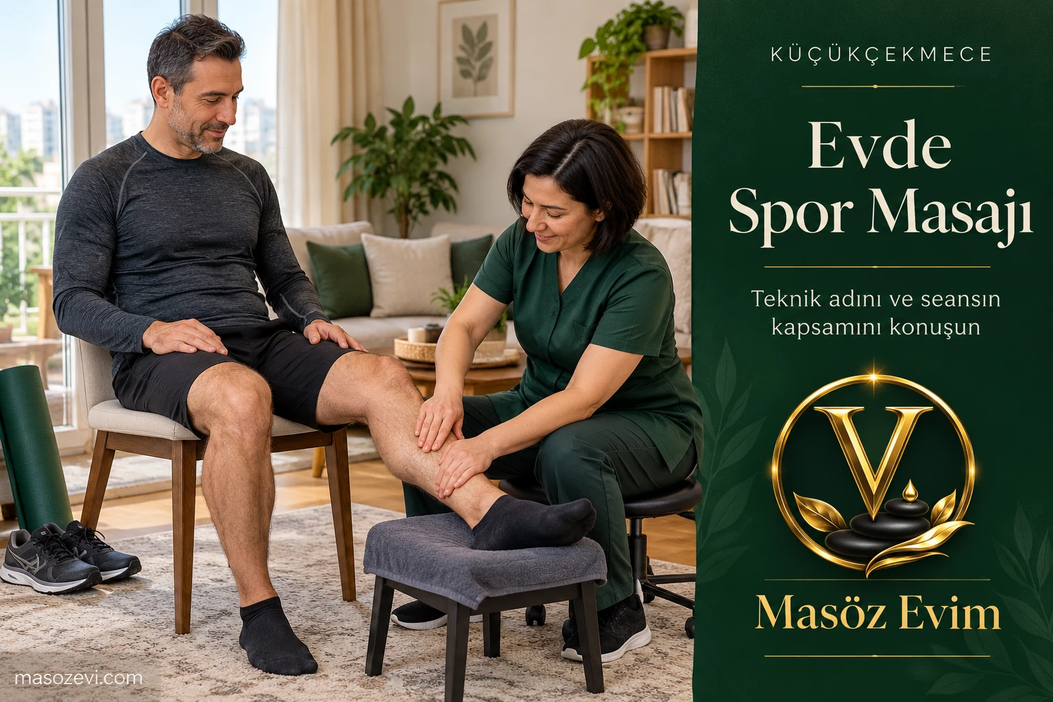Küçükçekmece’de Evde Spor Masajı: Teknik ve Seans Kapsamını Konuşun 1 Küçükçekmece’de evde spor masajı için spor kıyafetli yetişkin erkeğin alt baldırına uygulama yapan kadın masöz, Masöz Evim logosu ve konu başlığı