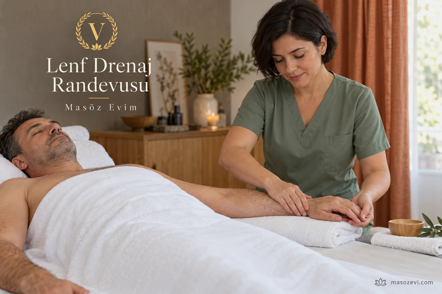 Lenf drenaj randevusu konulu görselde yetişkin erkeğin önkoluna hafif temas uygulayan kadın masöz