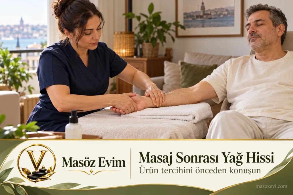 Masaj sonrası yağ hissi yazısı için yetişkin erkeğin ön koluna ve eline uygulama yapan kadın masöz; konu başlığı ve Masöz Evim logosu