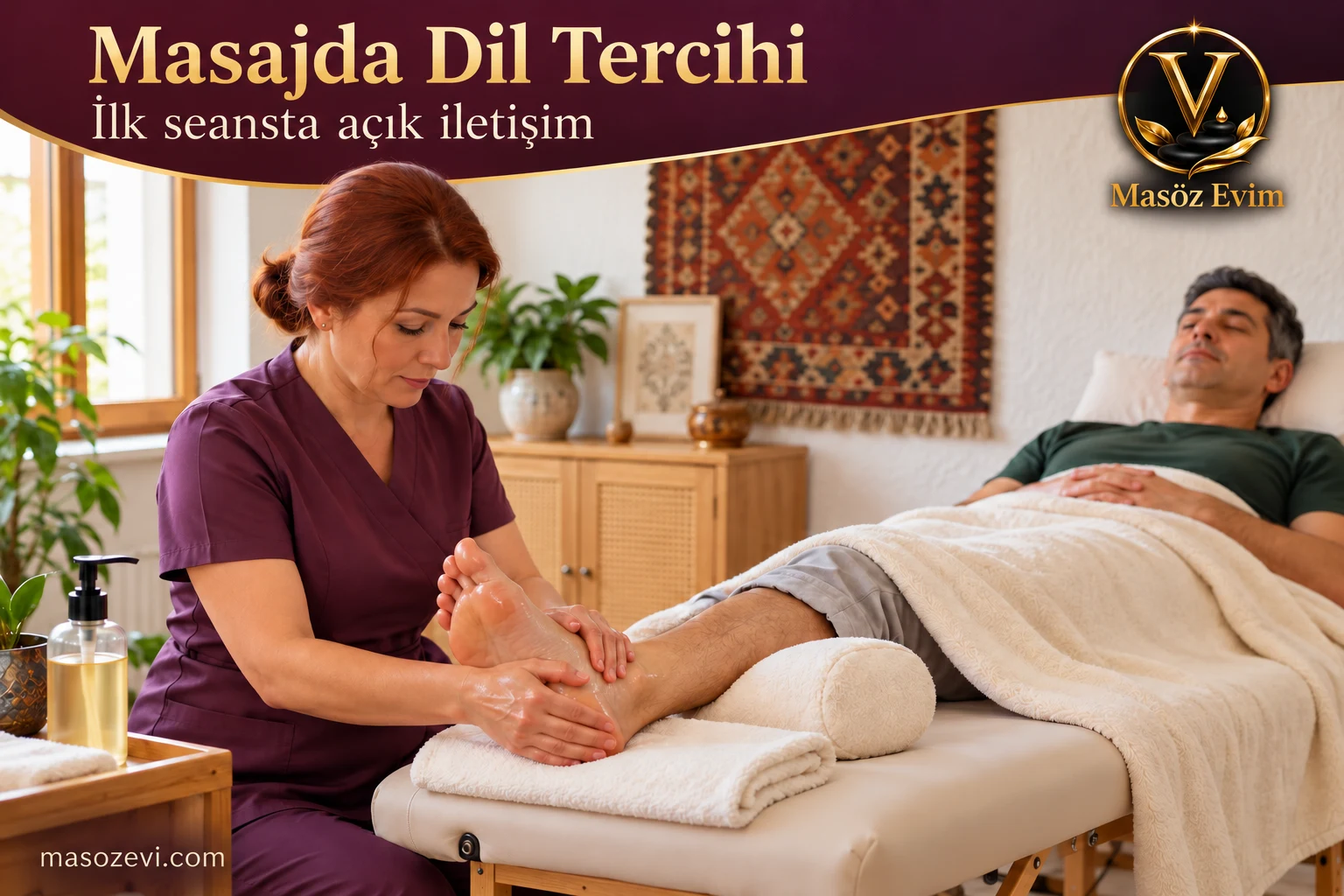 Masajda Dil Tercihi: İlk Seans İçin 5 İletişim Adımı 1 Masajda dil tercihi başlıklı görselde mürdüm üniformalı yetişkin kadın masöz, örtülü yetişkin erkeğin açık ayağına yağlı masaj uyguluyor; Masöz Evim logosu ve filigranı