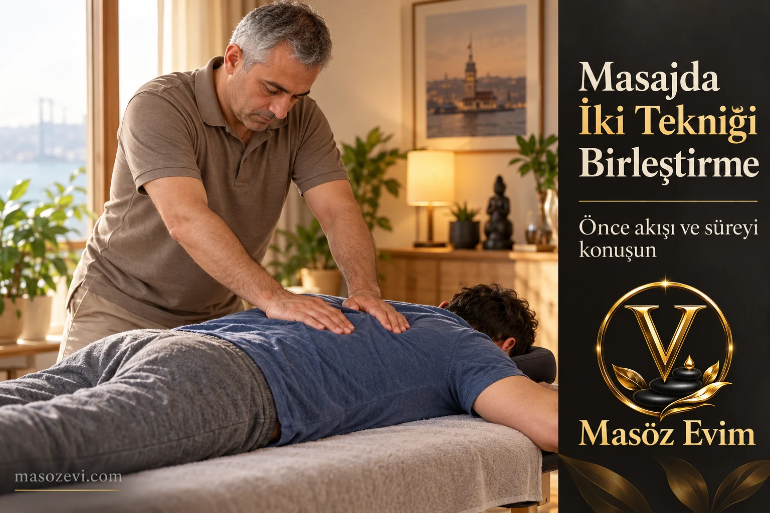 Masajda iki tekniği birleştirme yazısı için yetişkin erkeğin üst sırtına uygulama yapan erkek; konu başlığı ve Masöz Evim logosu