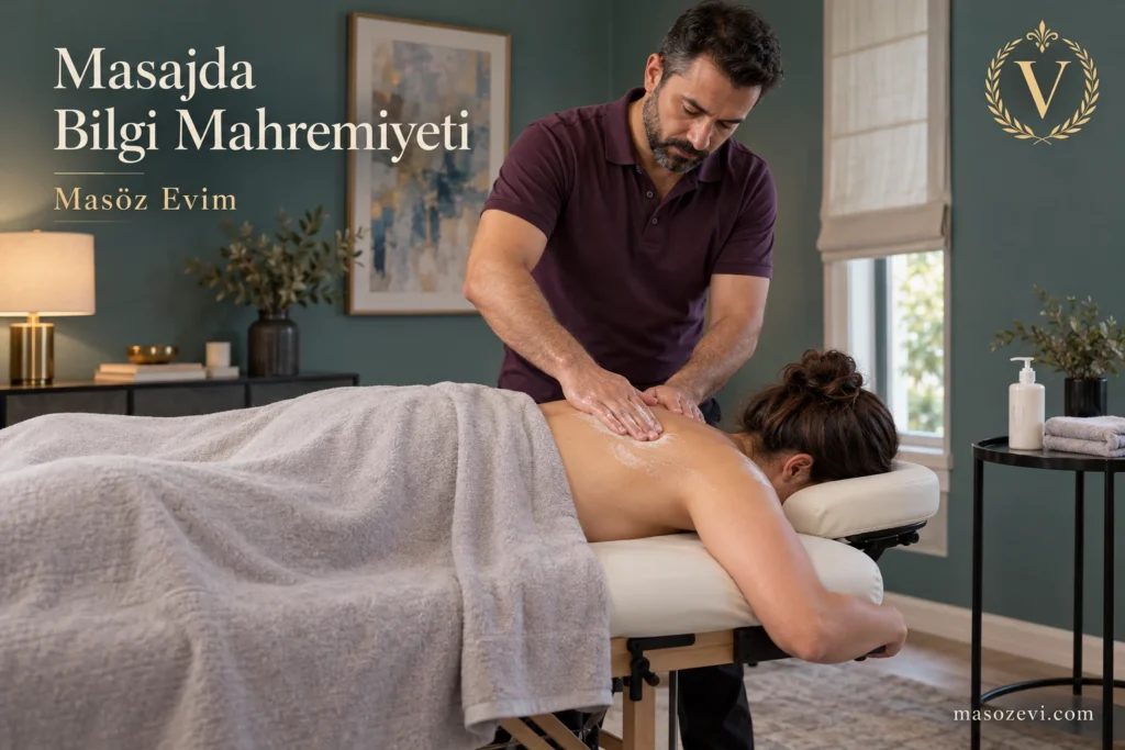 Masajda sağlık bilgisi ve mahremiyet yazısı için örtülü yetişkin kadının omzuna kremle uygulama yapan erkek masör