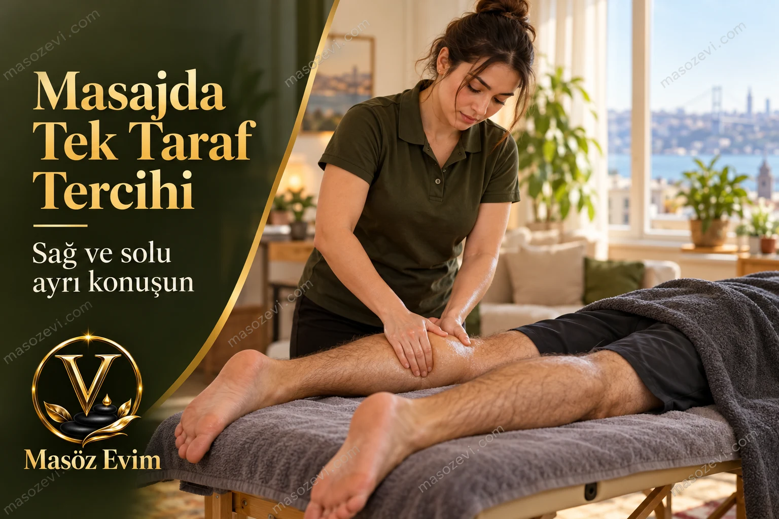Masajda tek taraf tercihi yazısı için yetişkin erkeğin bir alt bacağına uygulama yapan kadın masöz; konu başlığı ve Masöz Evim logosu