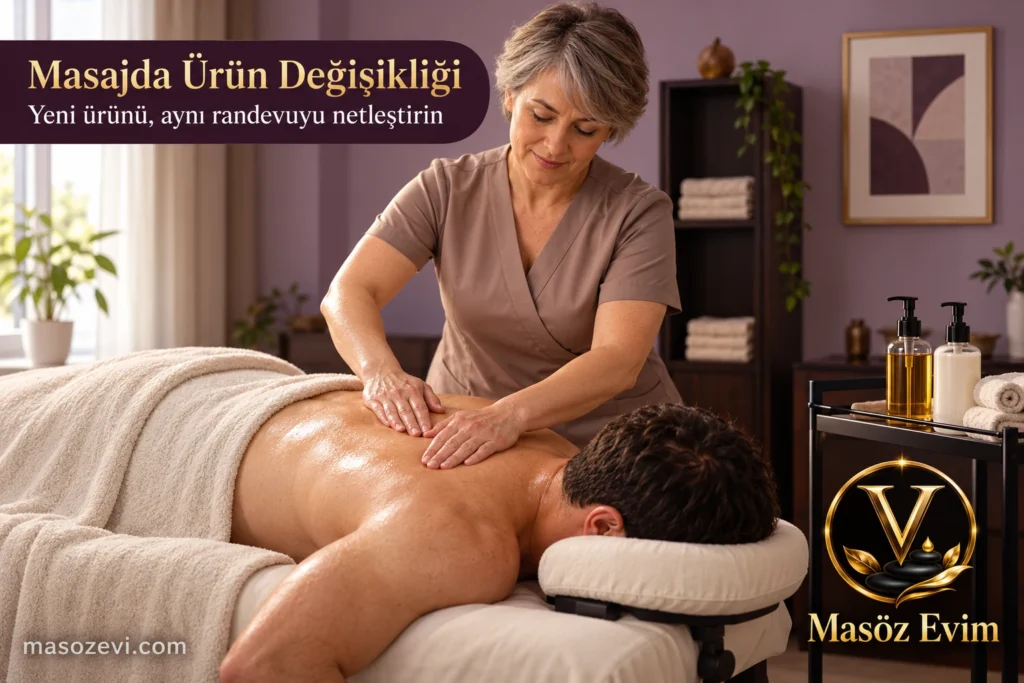 Masajda ürün değişikliği başlıklı görselde taupe üniformalı yetişkin kadın masöz, masada örtülü uzanan yetişkin erkeğin açık üst sırtına yağlı masaj yapıyor; Masöz Evim logosu ve filigranı