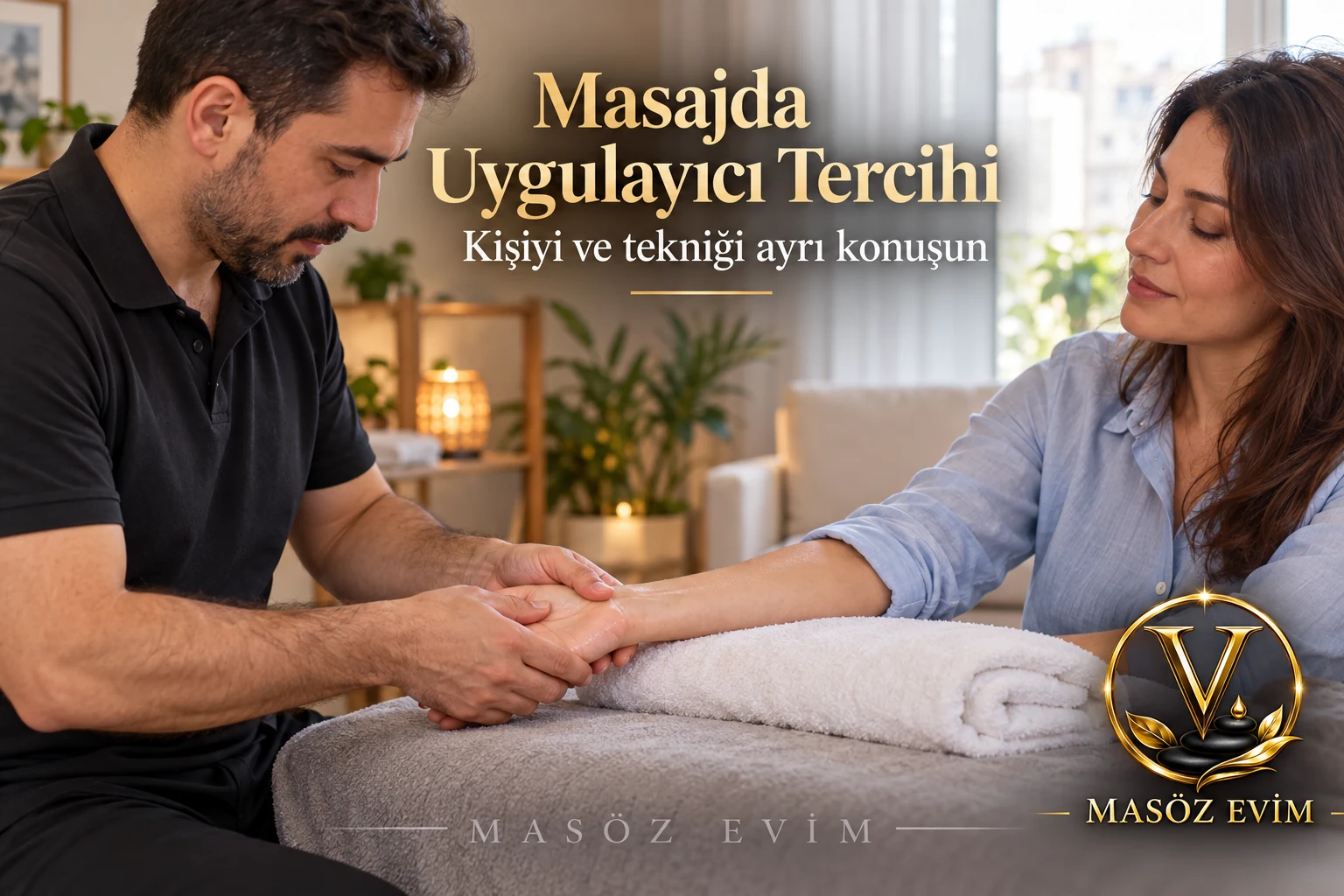 Masajda uygulayıcı tercihi yazısı için giyinik yetişkin kadının el ve önkoluna uygulama yapan erkek masör, Masöz Evim logosu