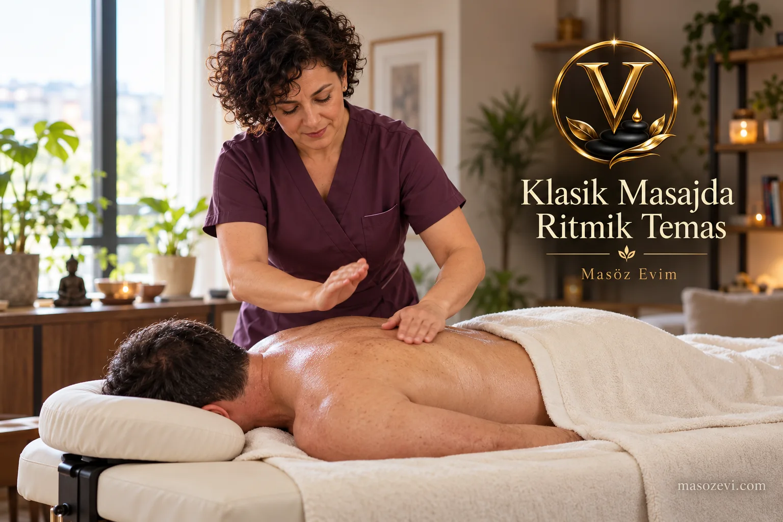 Masajda vurma hareketi örneğinde bireysel masözün evde klasik masaj sırasında örtülü danışanın sırtına ritmik el teması