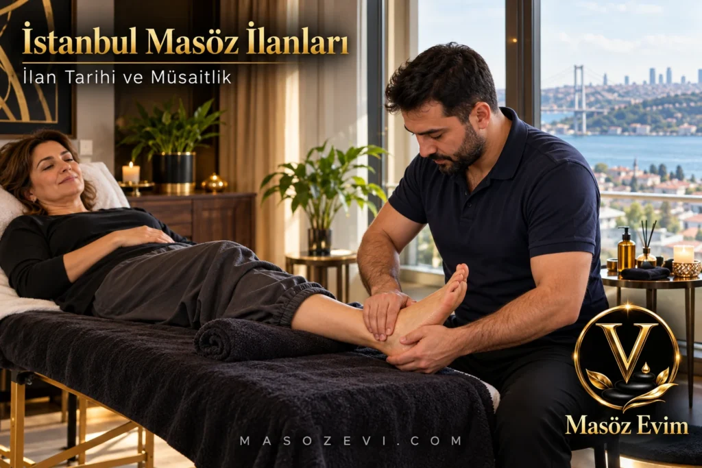 Masöz ilanlarında güncel bilgi yazısı için yetişkin kadının ayak ve alt bacağına gerçek uygulama yapan erkek masör; İstanbul Masöz İlanları başlığı ve Masöz Evim logosu