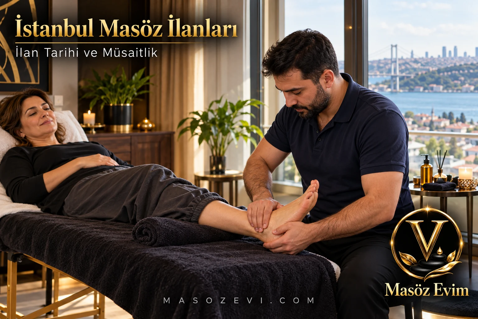 Masöz İlanlarında Güncel Bilgi: Tarih ile Müsaitliği Ayırın 1 Masöz ilanlarında güncel bilgi yazısı için yetişkin kadının ayak ve alt bacağına gerçek uygulama yapan erkek masör; İstanbul Masöz İlanları başlığı ve Masöz Evim logosu
