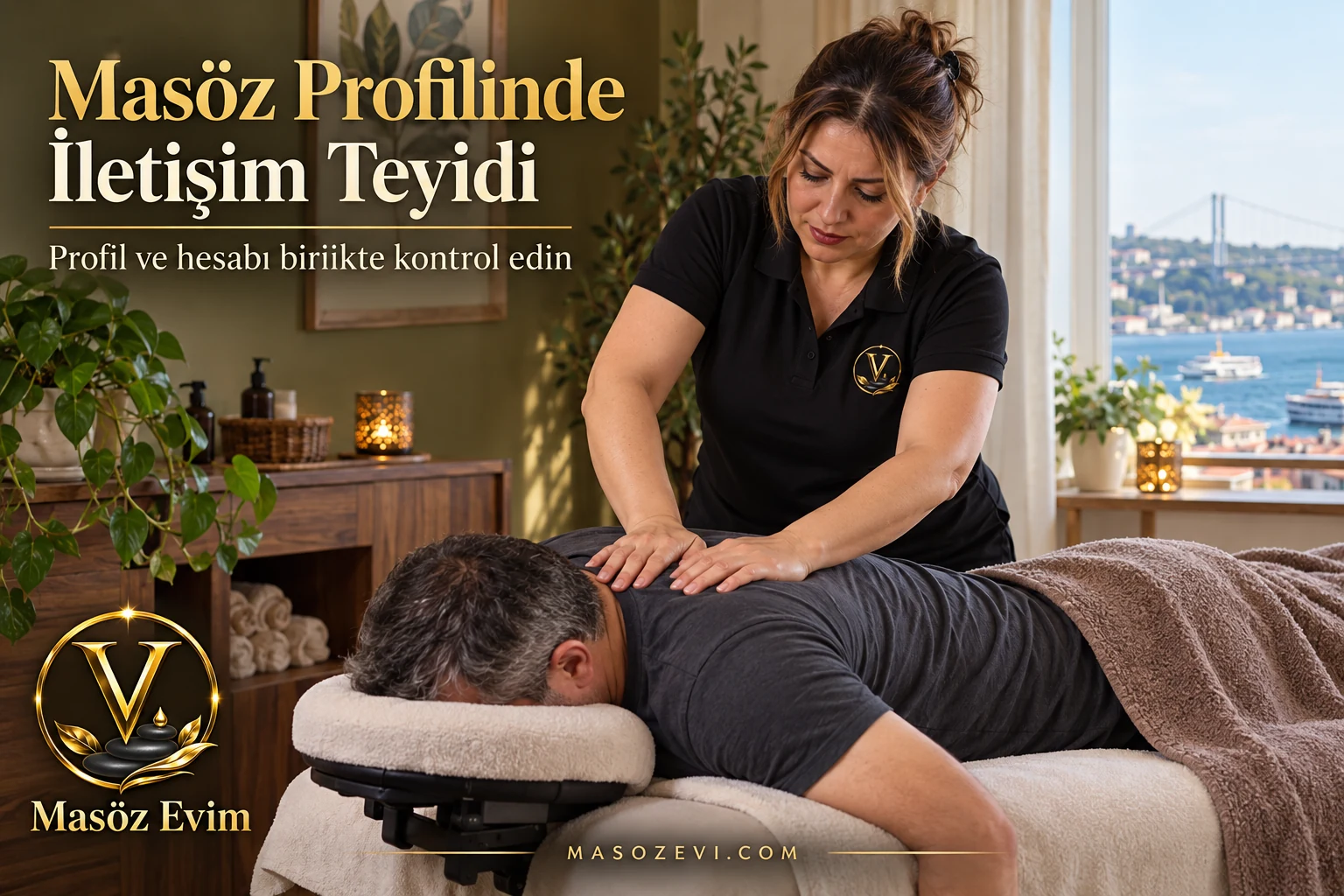 Masöz Profilinde İletişim Teyidi: Hesap Adı Farklıysa Ne Sorulur? 1 Masöz profilinde iletişim teyidi yazısı için giyinik yetişkin erkeğin üst sırtına uygulama yapan kadın masöz; konu başlığı ve Masöz Evim logosu