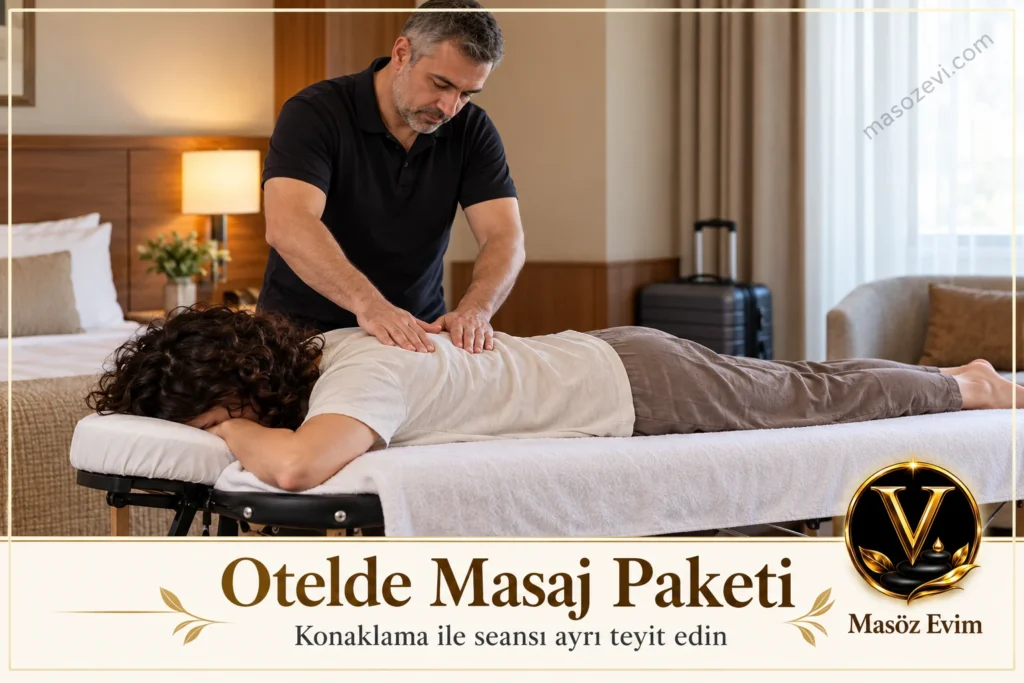 Otelde masaj paketi yazısı için yetişkin kadının üst sırtına uygulama yapan erkek masaj uygulayıcısı; konu başlığı ve Masöz Evim logosu