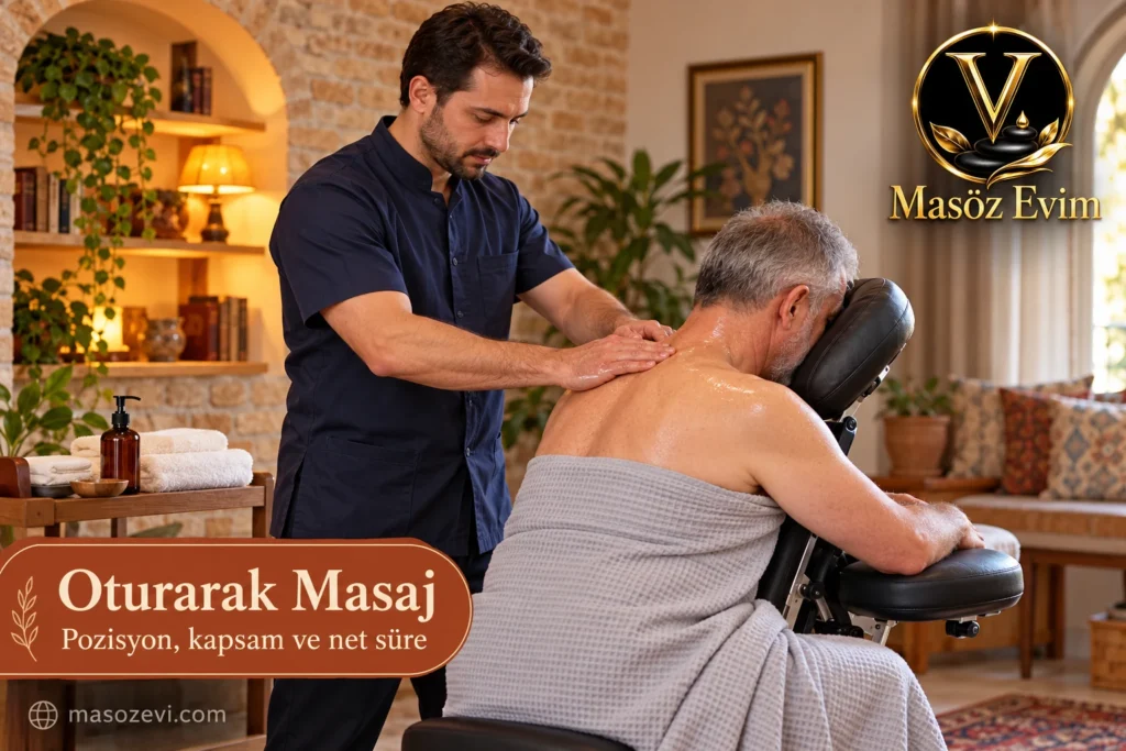 Oturarak masaj başlıklı görselde lacivert üniformalı yetişkin erkek uygulayıcı, destekli sandalyede örtülü oturan yetişkin erkeğin açık omzuna yağlı masaj yapıyor; Masöz Evim logosu ve filigranı