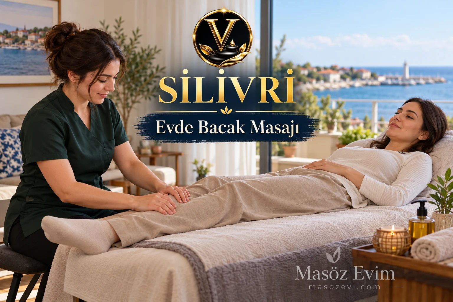 Silivri’de Evde Bacak Masajı: Alt Bacak ve Ayak Odağını Ayırın 1 Silivri’de evde bacak masajı görüşmesinde uzun pantolonlu yetişkin kadının alt bacağına kıyafet üzerinden nazik temas yapan kadın masöz, Masöz Evim logosu