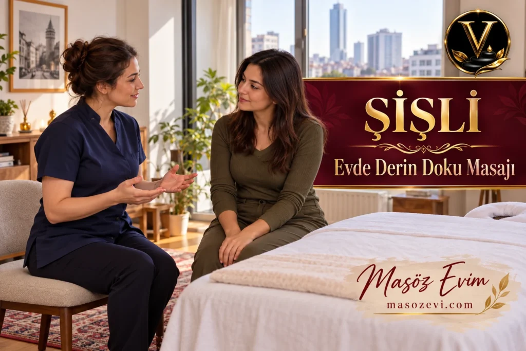 Şişli’de evde derin doku masajı öncesi uygulama kapsamını konuşan giyinik yetişkin kadın ile kadın masöz, Masöz Evim logosu