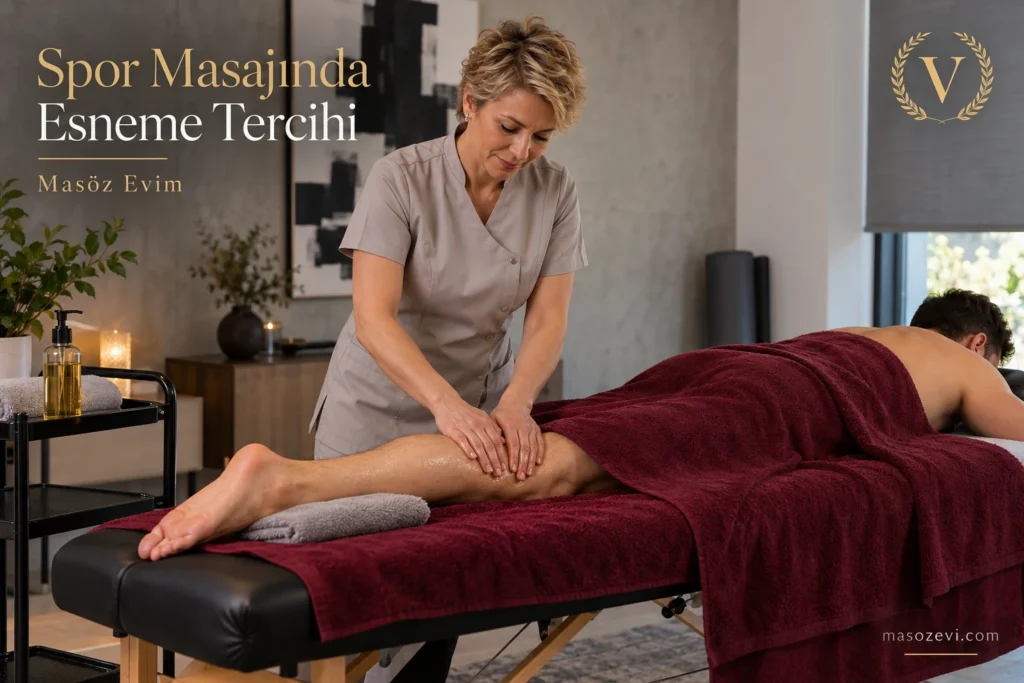 Spor masajında esneme tercihi yazısı için bacağı sabit destekli yetişkin erkeğin baldırına uygulama yapan kadın masöz