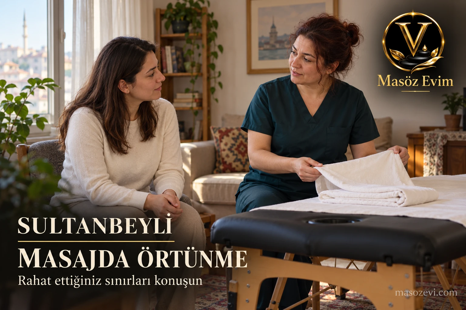 Sultanbeyli’de Masajda Örtünme: Rahat Ettiğiniz Sınırlar 1 Sultanbeyli’de masajda örtünme tercihlerini seans öncesinde konuşan masöz ve giyinik danışan, Masöz Evim logosu ve konu başlığı