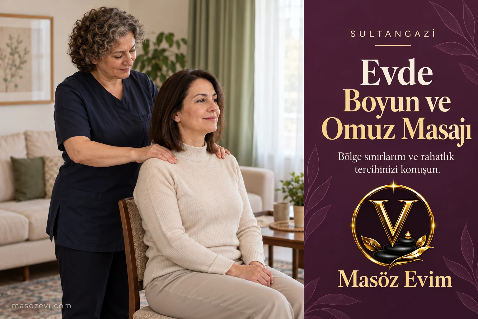 Sultangazi’de evde boyun ve omuz masajı görüşmesinde giyinik yetişkin kadının omuz üstlerine kıyafet üzerinden nazik temas yapan kadın masöz, Masöz Evim logosu