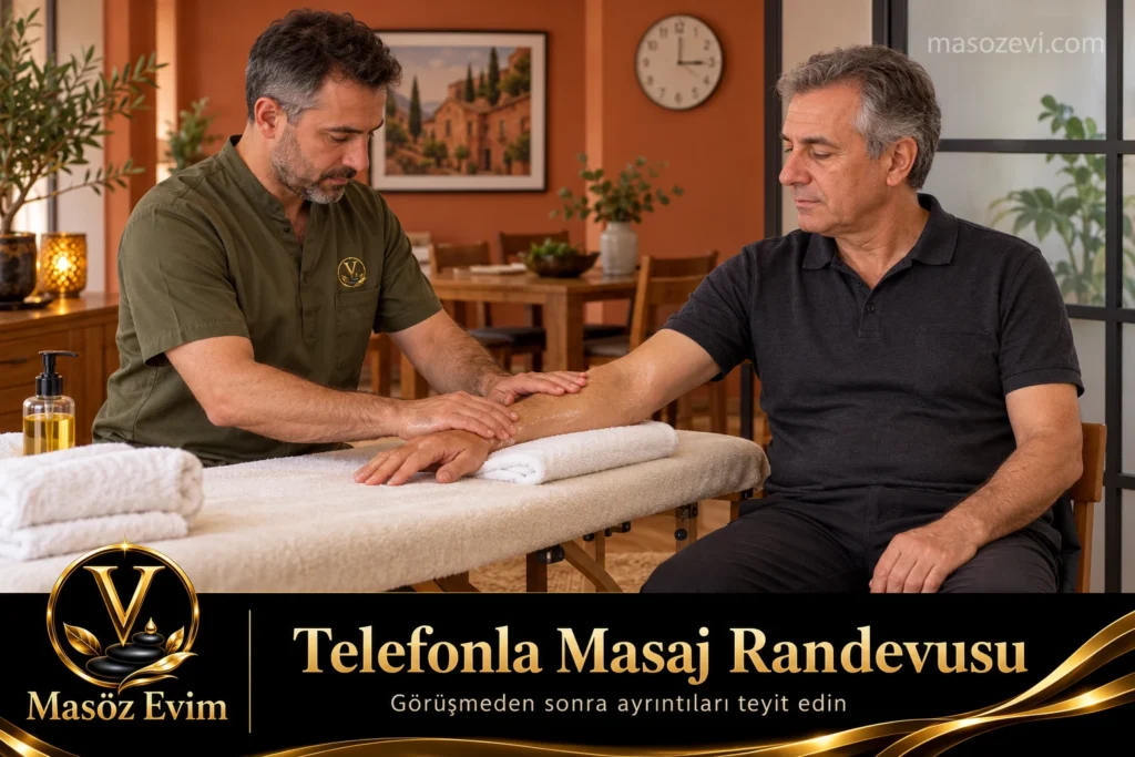 Telefonla masaj randevusu başlıklı görselde zeytin yeşili üniformalı yetişkin erkek uygulayıcı, oturan yetişkin erkeğin açık ön koluna yağlı masaj yapıyor; Masöz Evim logosu ve filigranı