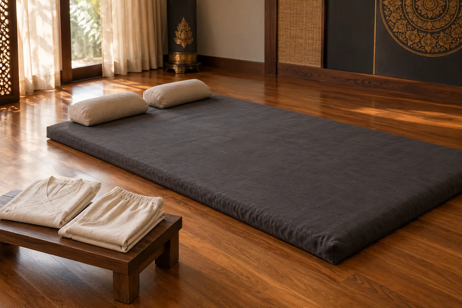 Shiatsu Masajı 2 Shiatsu masajı hazırlık anlatımında zemin matı, destek yastıkları ve rahat kıyafet düzeni