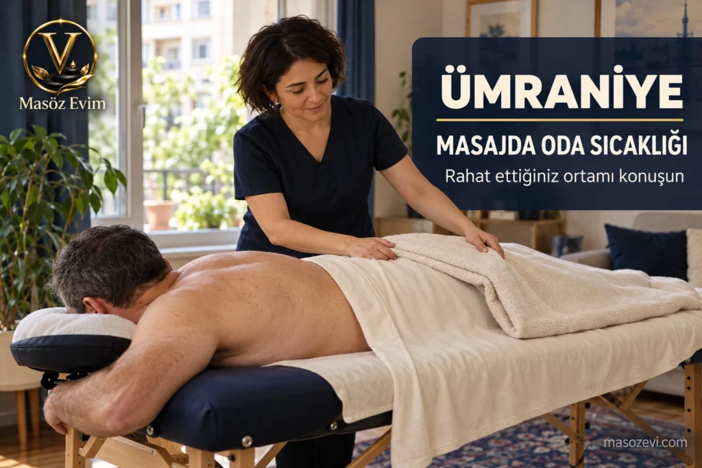 Ümraniye’de masajda oda sıcaklığı ve rahatlık için örtülü danışanın bacaklarına ek örtü yerleştiren kadın masöz, Masöz Evim logosu ve konu başlığı