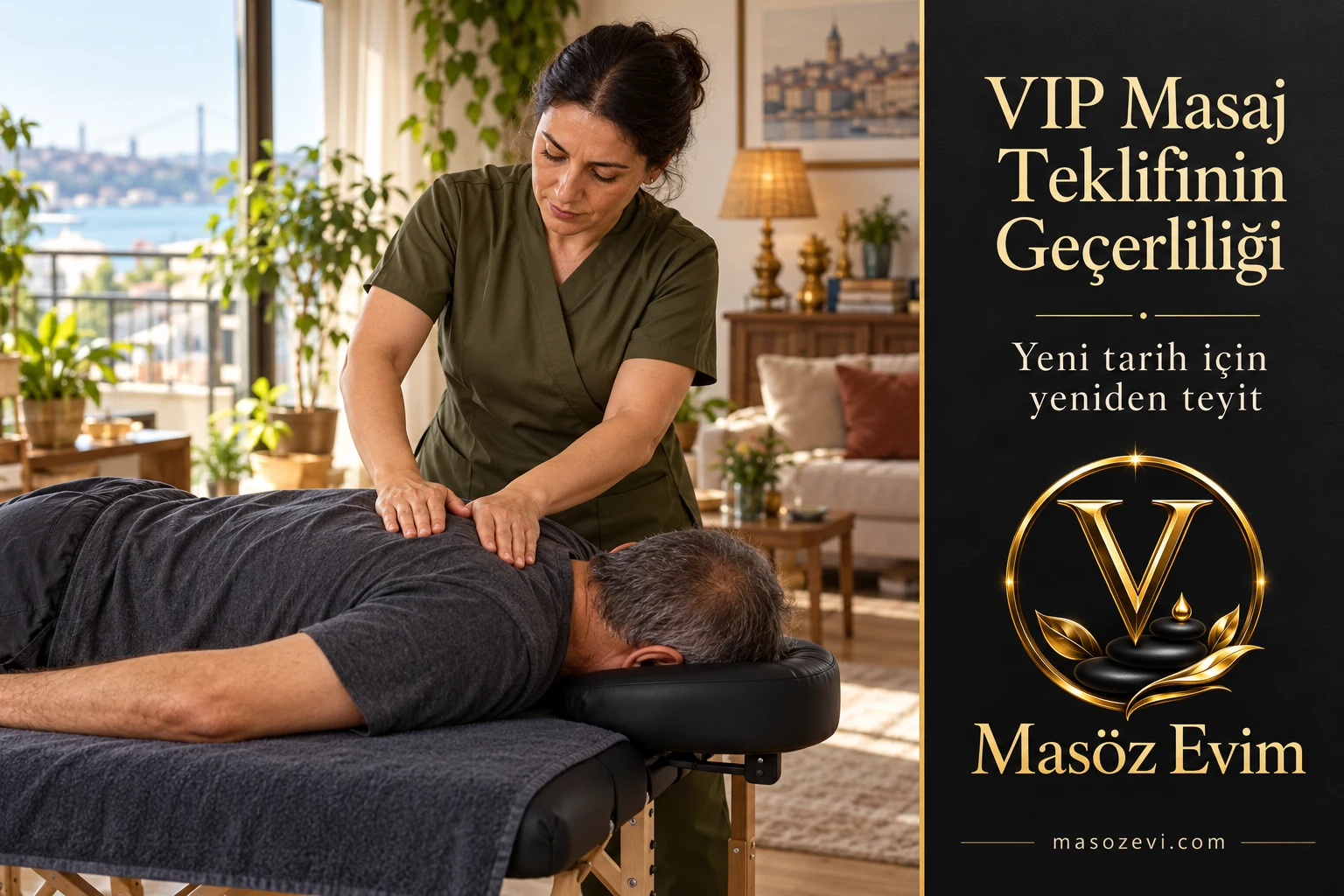 VIP masaj teklifinin geçerliliği yazısı için yetişkin erkeğin üst sırtına masaj uygulayan kadın; konu başlığı ve Masöz Evim logosu