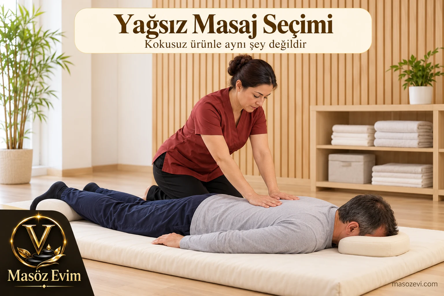 Yağsız Masaj Seçimi: Kokusuz Üründen Farkı ve 4 Soru 1 Yağsız masaj seçimi başlıklı görselde kiremit rengi üniformalı yetişkin kadın uygulayıcı, profesyonel mat üzerindeki yetişkin erkeğin kıyafetli sırtına elle basınç uyguluyor; Masöz Evim logosu ve filigranı